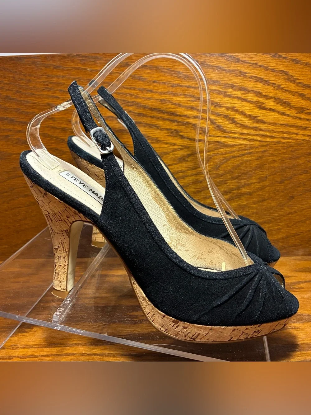 Y2K Steve Madden Cork Platform Slingback Peep Toe Heels Black Suede Size 8